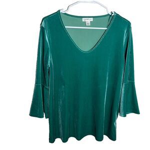 Jacklyn Smith Blouse Women's Medium Green Velvet 3/4 Sleeve Velour Top Shirt